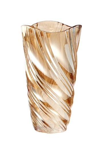 Schlanke, geschwungene Vase in der Farbe bernstein mit einem spiralförmigen Muster.